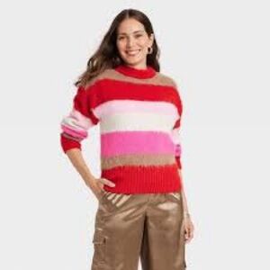 AND Striped Fuzzy Red Pink Tan Sweater